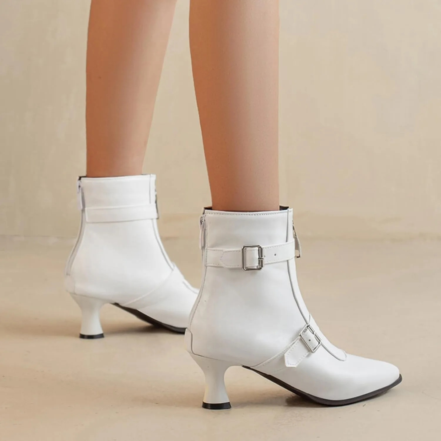 Aflngle Women's Sexy Kitten Low Heel Back Zipper Ankle Boots Pointed Closed Toe Chunky Buckle Short Booties Fashion Evening Party Prom Dress Shoes
