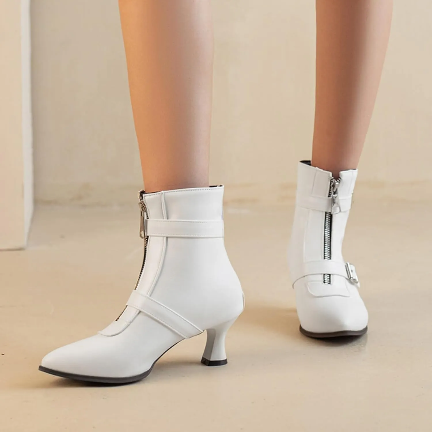 Aflngle Women's Sexy Kitten Low Heel Back Zipper Ankle Boots Pointed Closed Toe Chunky Buckle Short Booties Fashion Evening Party Prom Dress Shoes