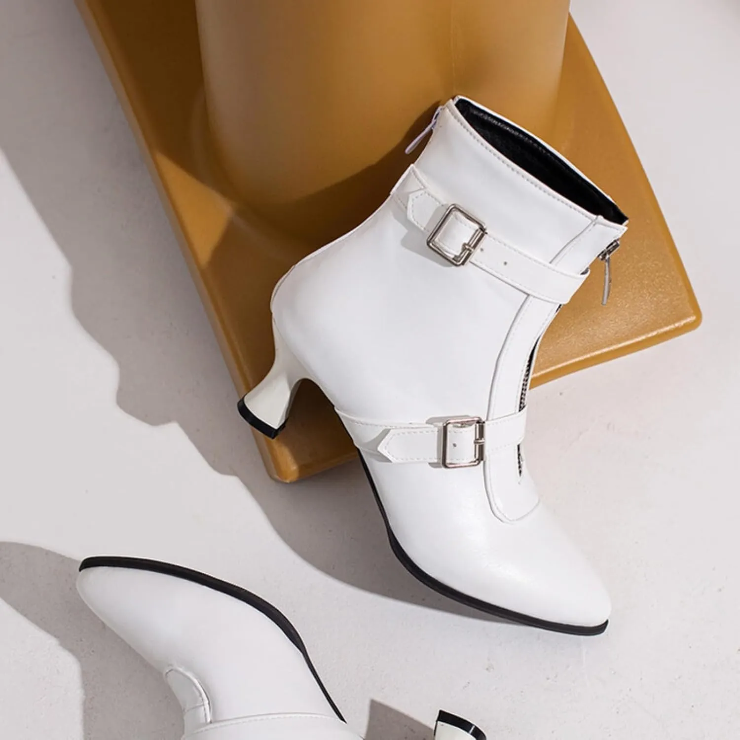 Aflngle Women's Sexy Kitten Low Heel Back Zipper Ankle Boots Pointed Closed Toe Chunky Buckle Short Booties Fashion Evening Party Prom Dress Shoes