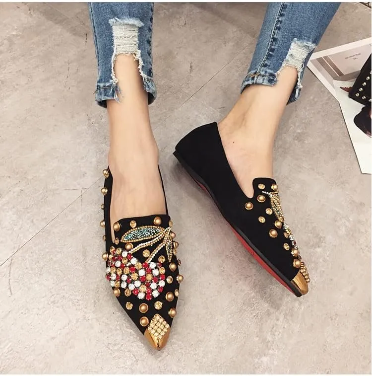AINIJIA&HOLO Luxurious Rhinestone Cherry Metal Pointed Toe Flat Shoes,Bridal Wedding Shoes Work Casual Slip-On Dress Shoes