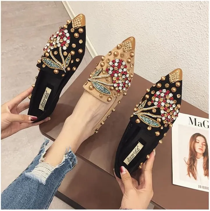 AINIJIA&HOLO Luxurious Rhinestone Cherry Metal Pointed Toe Flat Shoes,Bridal Wedding Shoes Work Casual Slip-On Dress Shoes