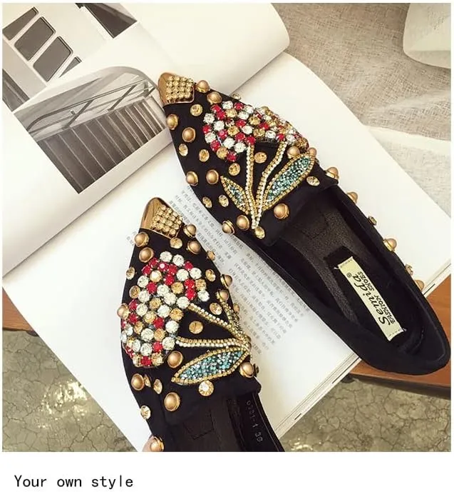 AINIJIA&HOLO Luxurious Rhinestone Cherry Metal Pointed Toe Flat Shoes,Bridal Wedding Shoes Work Casual Slip-On Dress Shoes