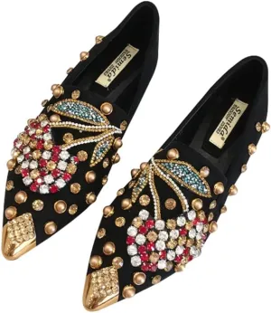AINIJIA&HOLO Luxurious Rhinestone Cherry Metal Pointed Toe Flat Shoes,Bridal Wedding Shoes Work Casual Slip-On Dress Shoes