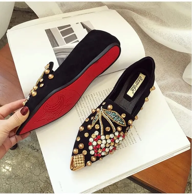 AINIJIA&HOLO Luxurious Rhinestone Cherry Metal Pointed Toe Flat Shoes,Bridal Wedding Shoes Work Casual Slip-On Dress Shoes