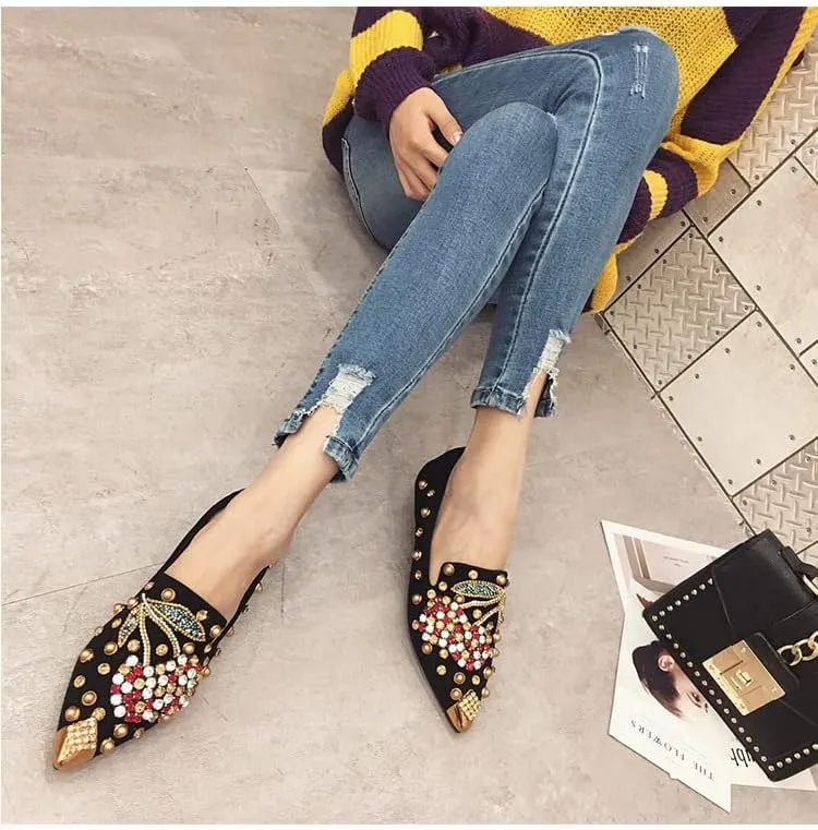 AINIJIA&HOLO Luxurious Rhinestone Cherry Metal Pointed Toe Flat Shoes,Bridal Wedding Shoes Work Casual Slip-On Dress Shoes