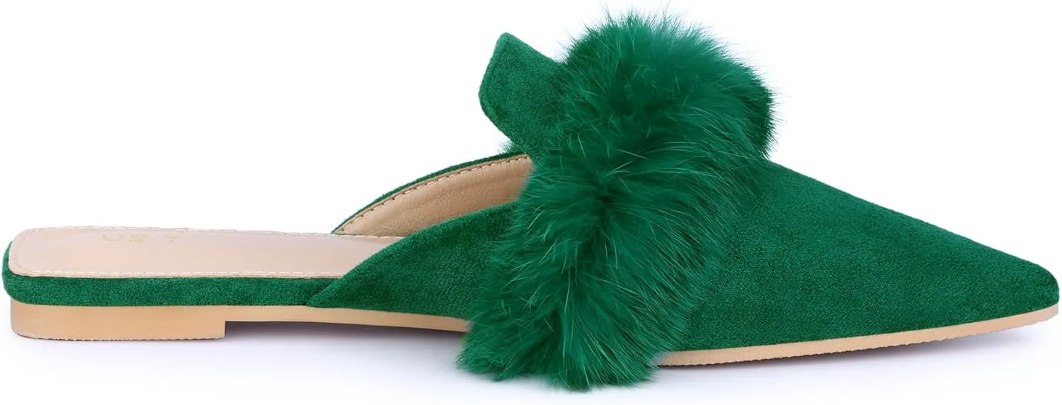 Allegra K Women's Pointed Toe Faux Fur Slip on Flat Slide Mules