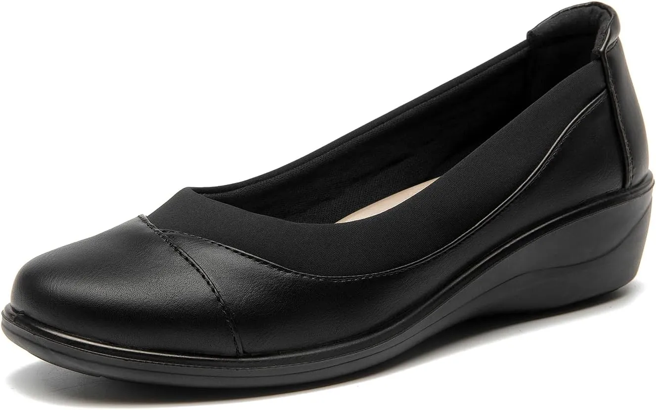 ALLOT Women's Low Heel Wedge Work Shoes Round Toe Slip-on Arch Support Comfortable Loafer Casual Office Business Flats Dress Pumps