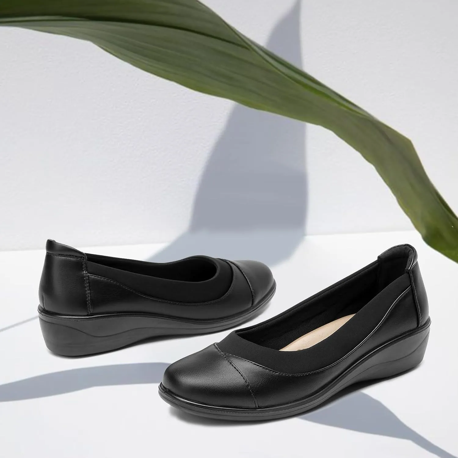 ALLOT Women's Low Heel Wedge Work Shoes Round Toe Slip-on Arch Support Comfortable Loafer Casual Office Business Flats Dress Pumps