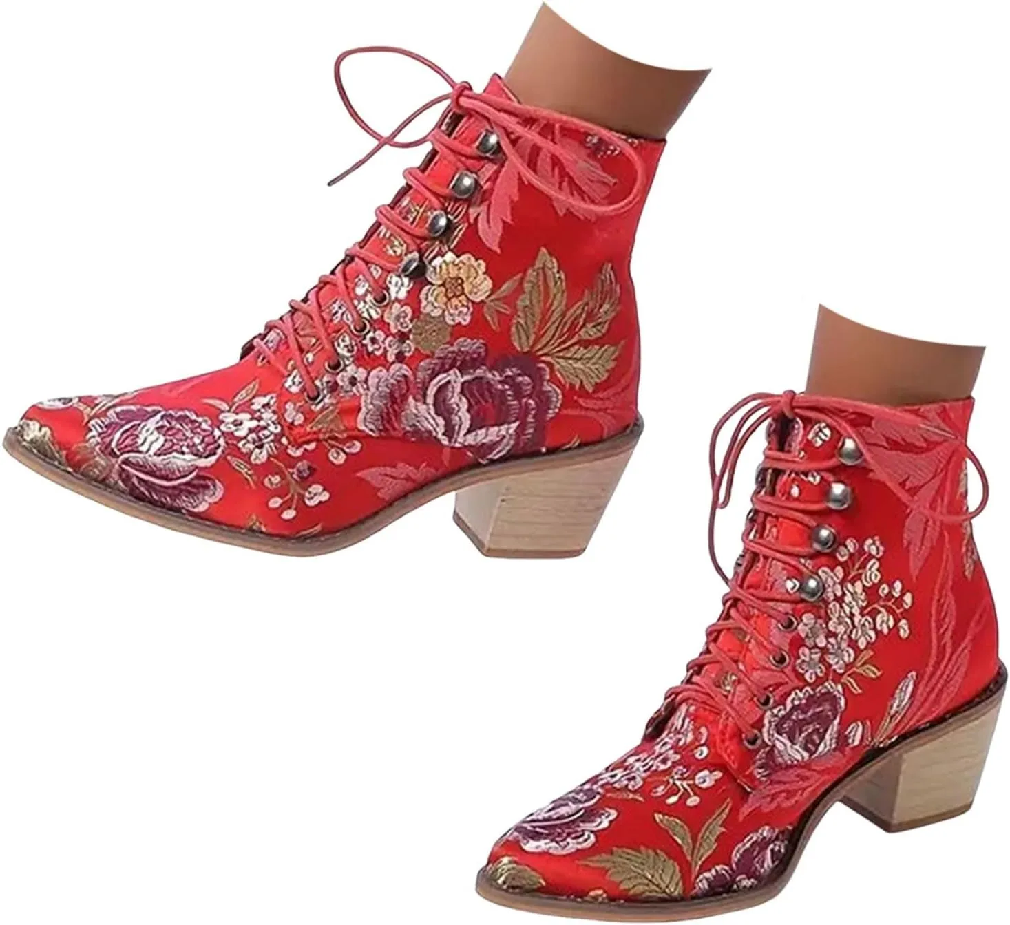 AMDBEL Wedge Fall Shoes for Women 2024 Chunky High Heel Lace Up Boots Pointed Toe Lace Up Embroidery Flower Ethnic Boots
