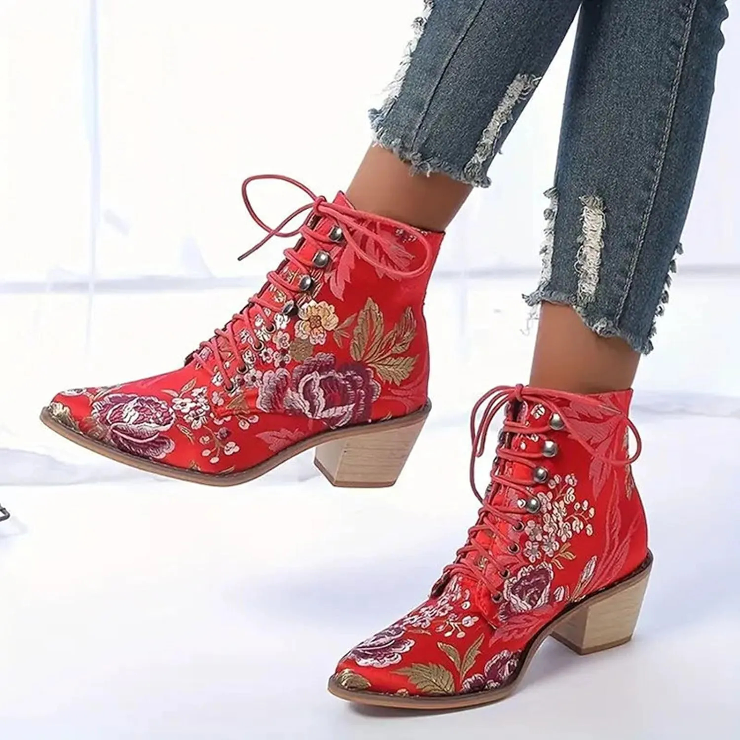 AMDBEL Wedge Fall Shoes for Women 2024 Chunky High Heel Lace Up Boots Pointed Toe Lace Up Embroidery Flower Ethnic Boots
