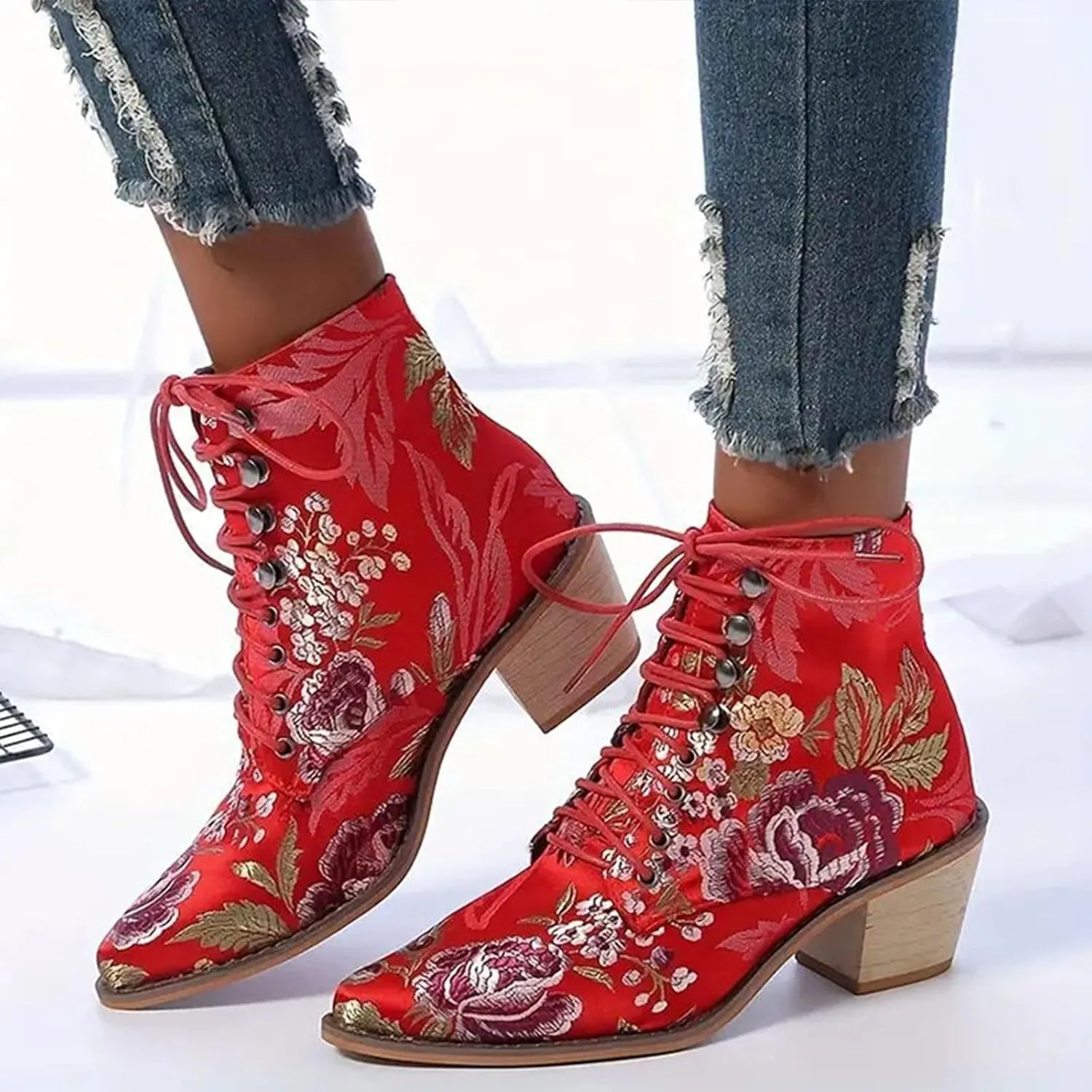 AMDBEL Wedge Fall Shoes for Women 2024 Chunky High Heel Lace Up Boots Pointed Toe Lace Up Embroidery Flower Ethnic Boots