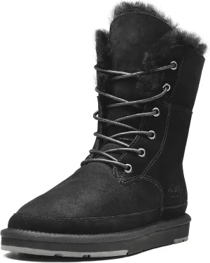 AU&MU Womens Leather Sheepskin Classic Lace up Mid Calf Flat Fur Winter Snow Boot Black Size 7