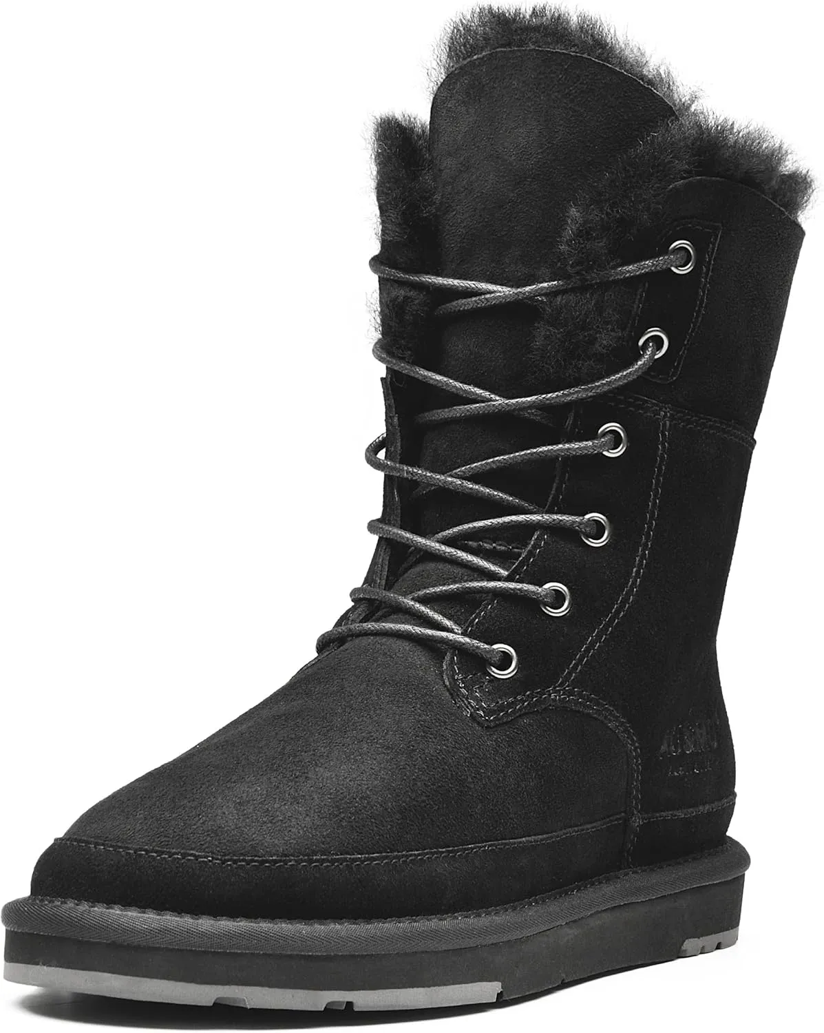 AU&MU Womens Leather Sheepskin Classic Lace up Mid Calf Flat Fur Winter Snow Boot Black Size 7