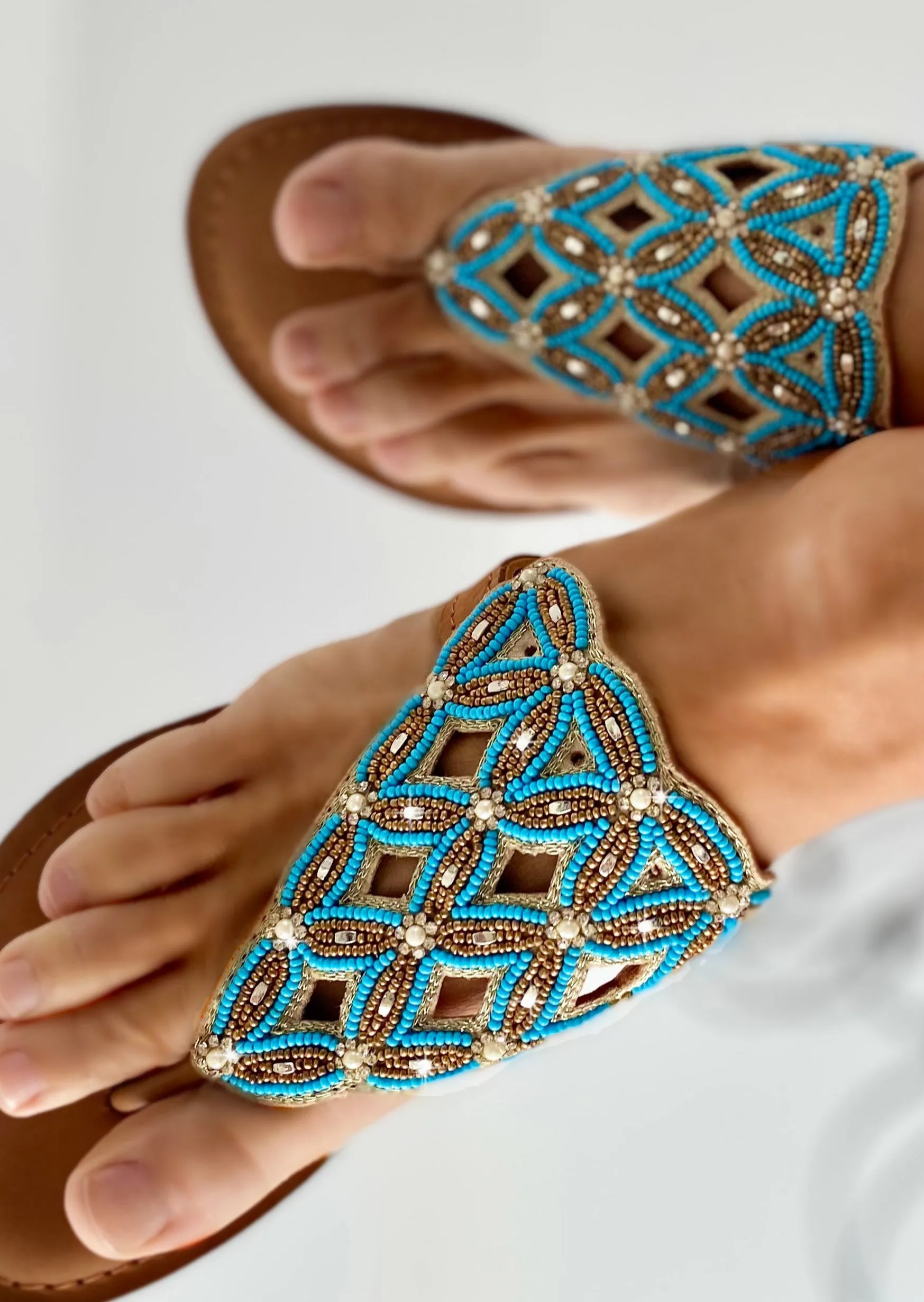 Beaded Leather Slide - turquoise blue