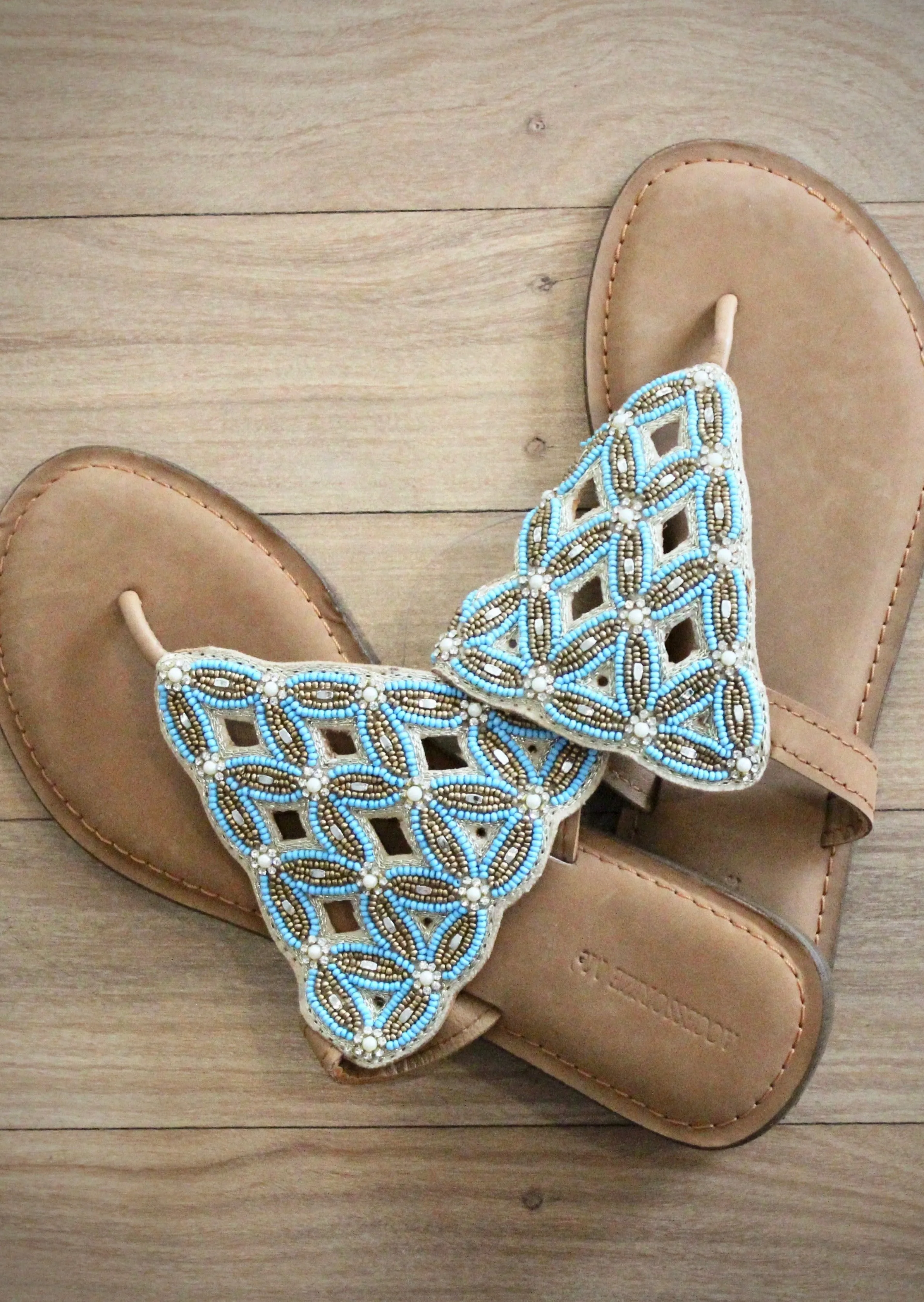 Beaded Leather Slide - turquoise blue