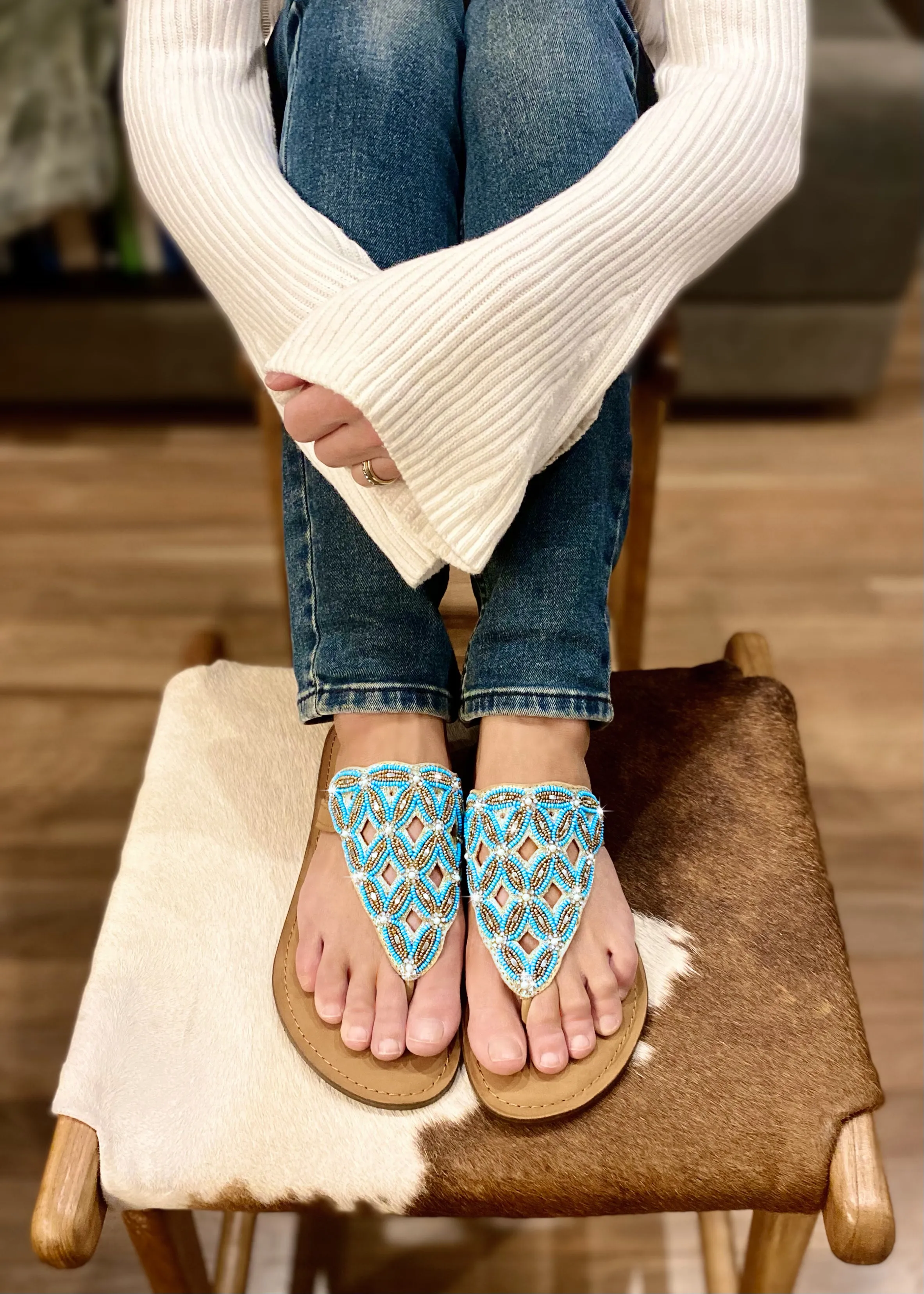 Beaded Leather Slide - turquoise blue