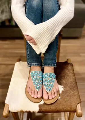 Beaded Leather Slide - turquoise blue