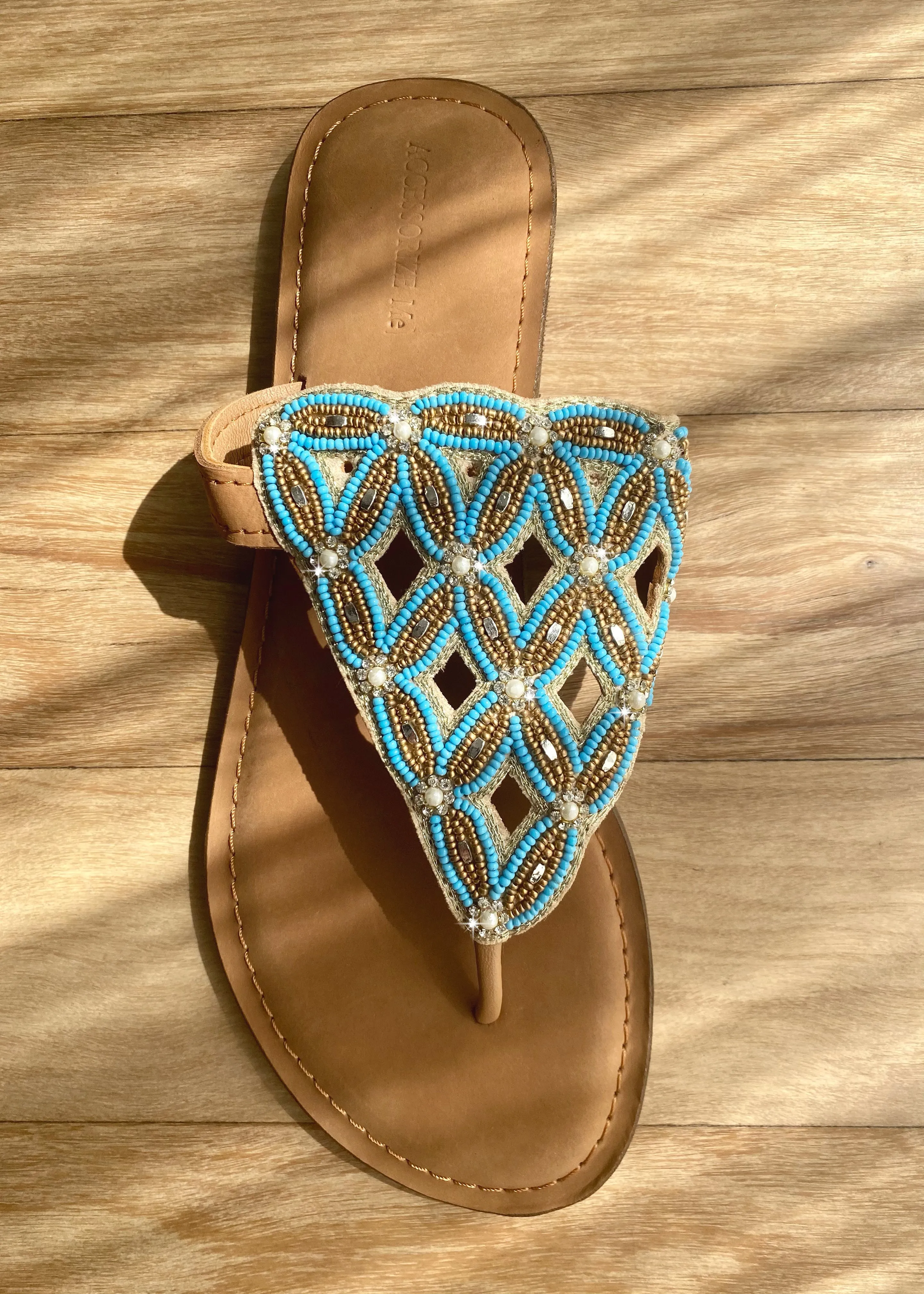 Beaded Leather Slide - turquoise blue