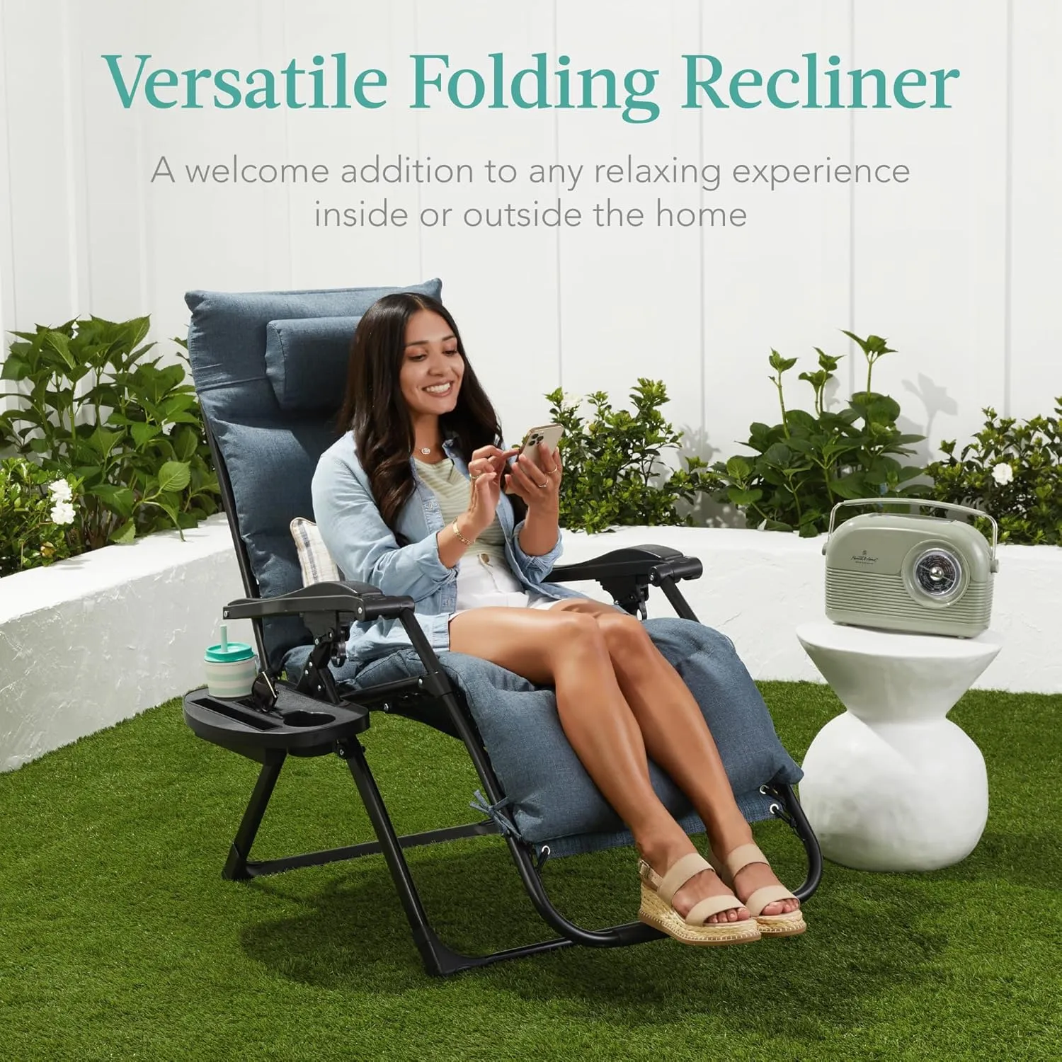 Best Choice Products Oversized Zero Gravity Chair, Folding Outdoor Patio Recliner, XL Anti Gravity Lounger w/Removable Cushion, Cup Holder, Side Tray, 350lb Capacity - Wheat