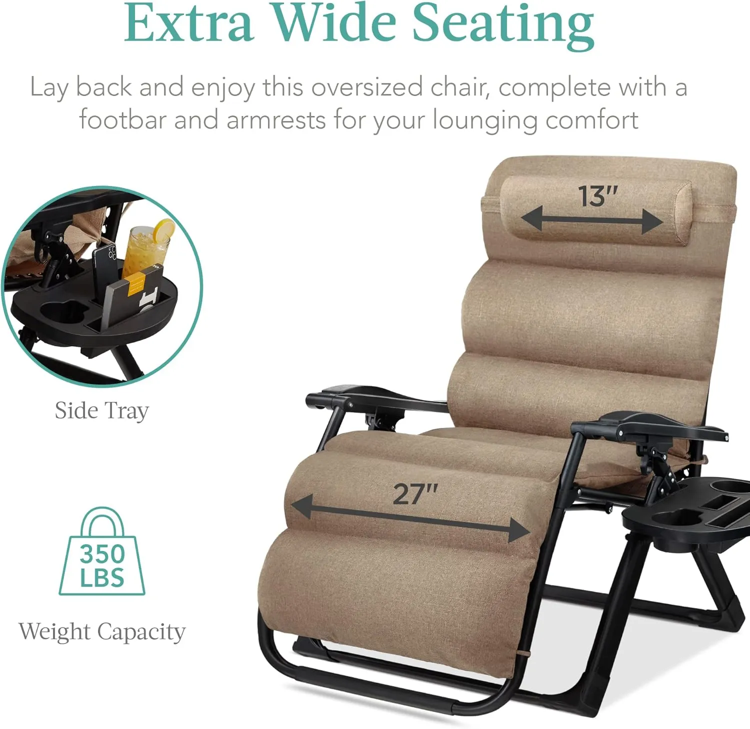 Best Choice Products Oversized Zero Gravity Chair, Folding Outdoor Patio Recliner, XL Anti Gravity Lounger w/Removable Cushion, Cup Holder, Side Tray, 350lb Capacity - Wheat