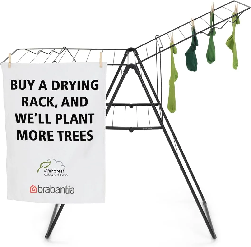 Brabantia HangOn Laundry Drying Rack (67ft / Matt Black) Compact, Foldaway, Adjustable Indoor Stainless Steel Clothes Horse