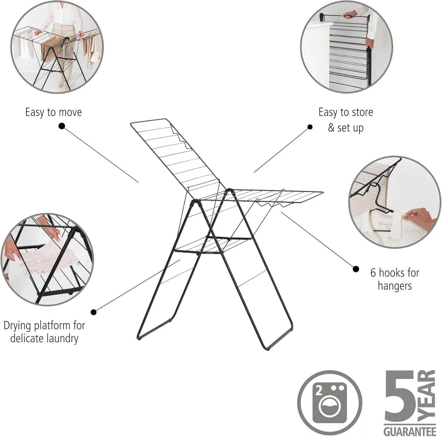 Brabantia HangOn Laundry Drying Rack (67ft / Matt Black) Compact, Foldaway, Adjustable Indoor Stainless Steel Clothes Horse