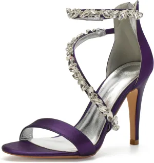 Bridal Shoes Open Toe Strap Pump Sandals Brides Women for Wedding Shoes Pointed High Heel Stiletto Ankle Evening Formal Party Satin Rhinestones,Dark purple,11.5
