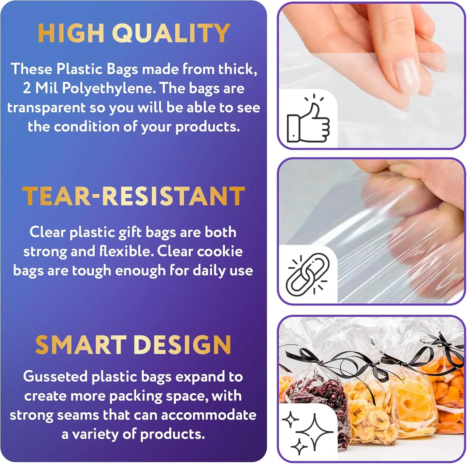Clear Gusseted Poly Bags, 10 x 8 x 24 Inches. Pack of 100 Side Gusseted Plastic Bags with Open Top. Crystal Clear Baggies for Treats. Tear-Resistant 2 Mil Polyethylene Flat Bottom Bag
