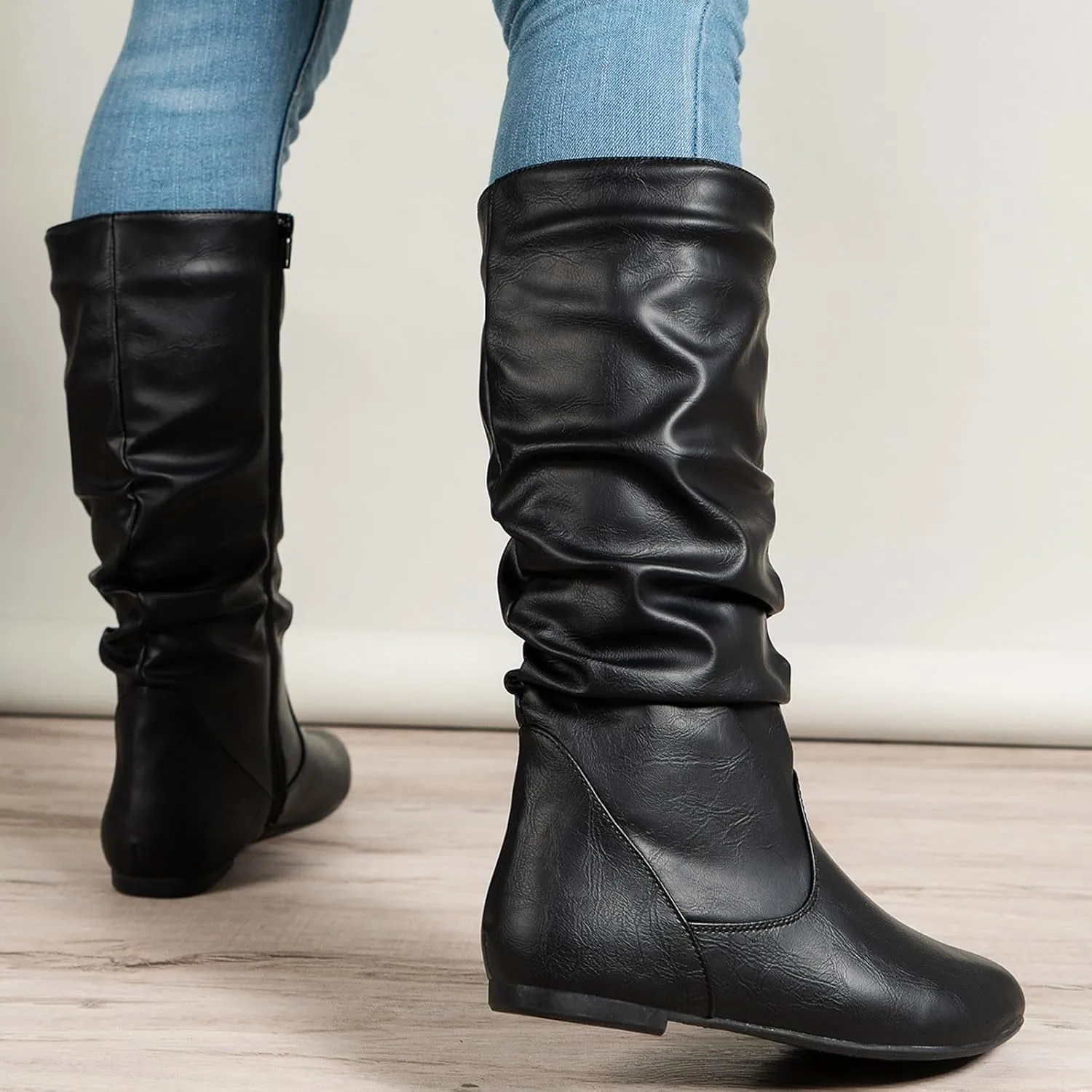 Crzidha Western Cowboy Boots for Women Almond Toe Wide Calf Slip On Tall Boots with Adjustable Buckle Strap Comfy Winter Fall Walking Hidden Wedge Arch Support Hiking Party Boots for women