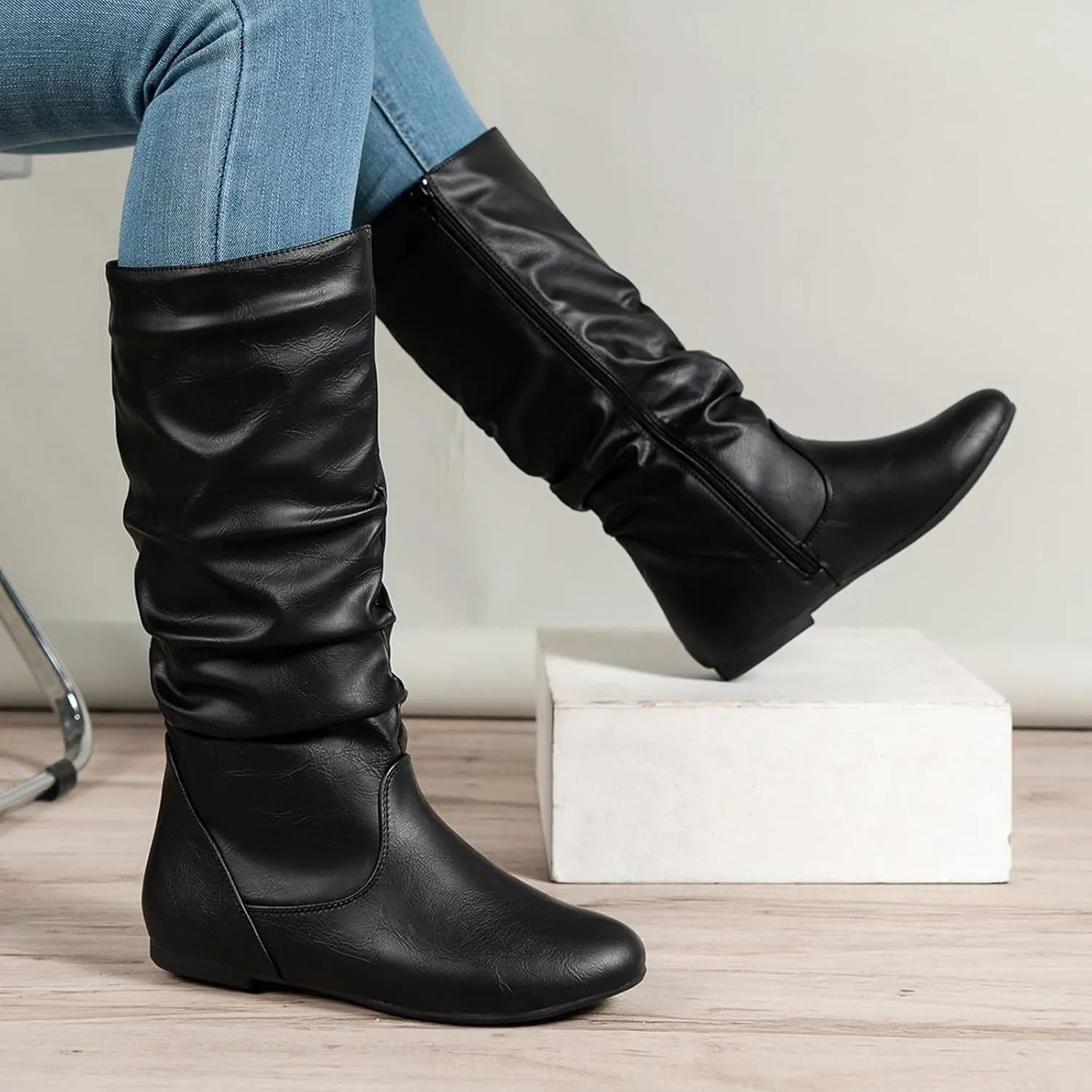 Crzidha Western Cowboy Boots for Women Almond Toe Wide Calf Slip On Tall Boots with Adjustable Buckle Strap Comfy Winter Fall Walking Hidden Wedge Arch Support Hiking Party Boots for women