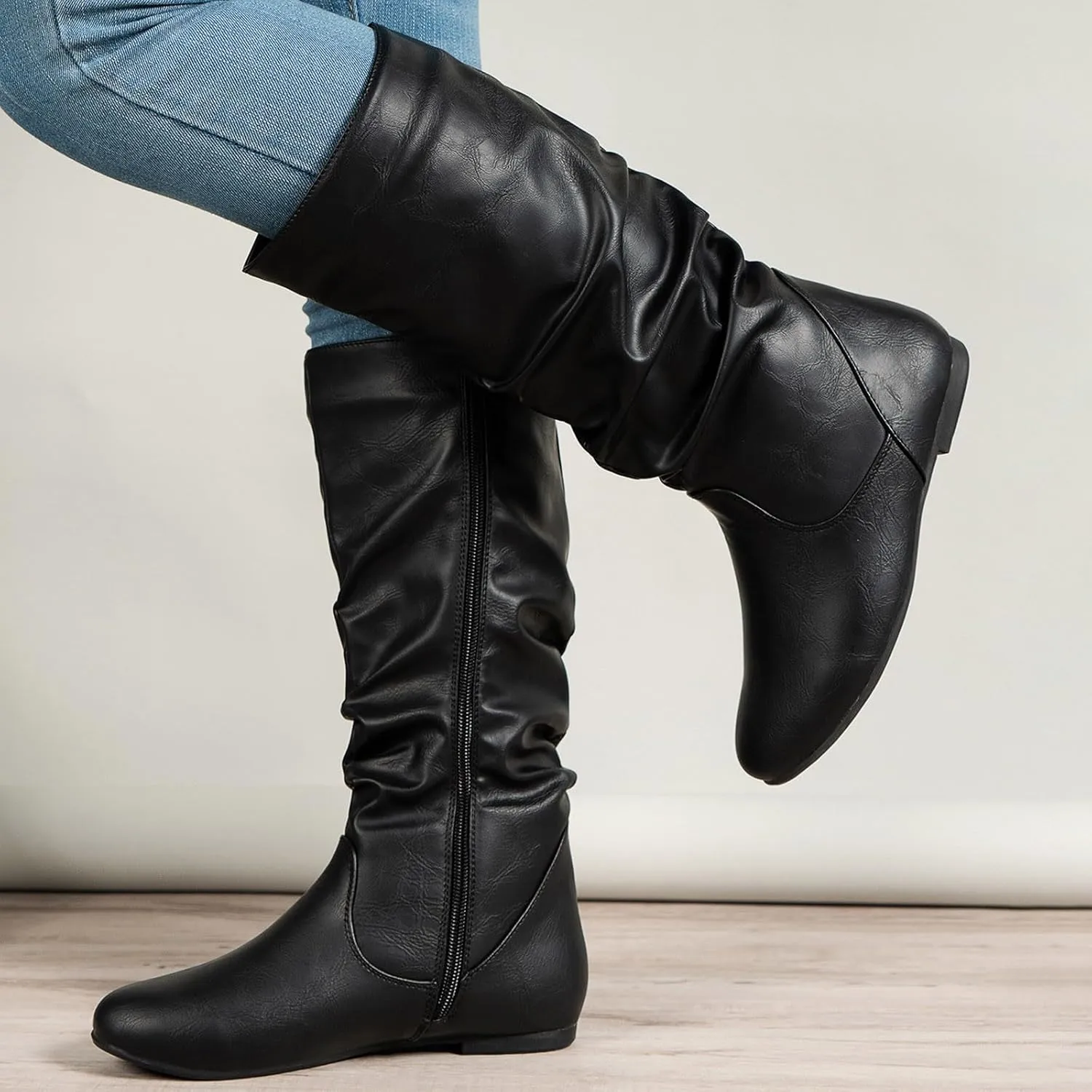 Crzidha Western Cowboy Boots for Women Almond Toe Wide Calf Slip On Tall Boots with Adjustable Buckle Strap Comfy Winter Fall Walking Hidden Wedge Arch Support Hiking Party Boots for women