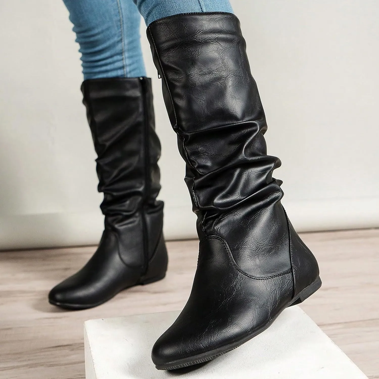 Crzidha Western Cowboy Boots for Women Almond Toe Wide Calf Slip On Tall Boots with Adjustable Buckle Strap Comfy Winter Fall Walking Hidden Wedge Arch Support Hiking Party Boots for women