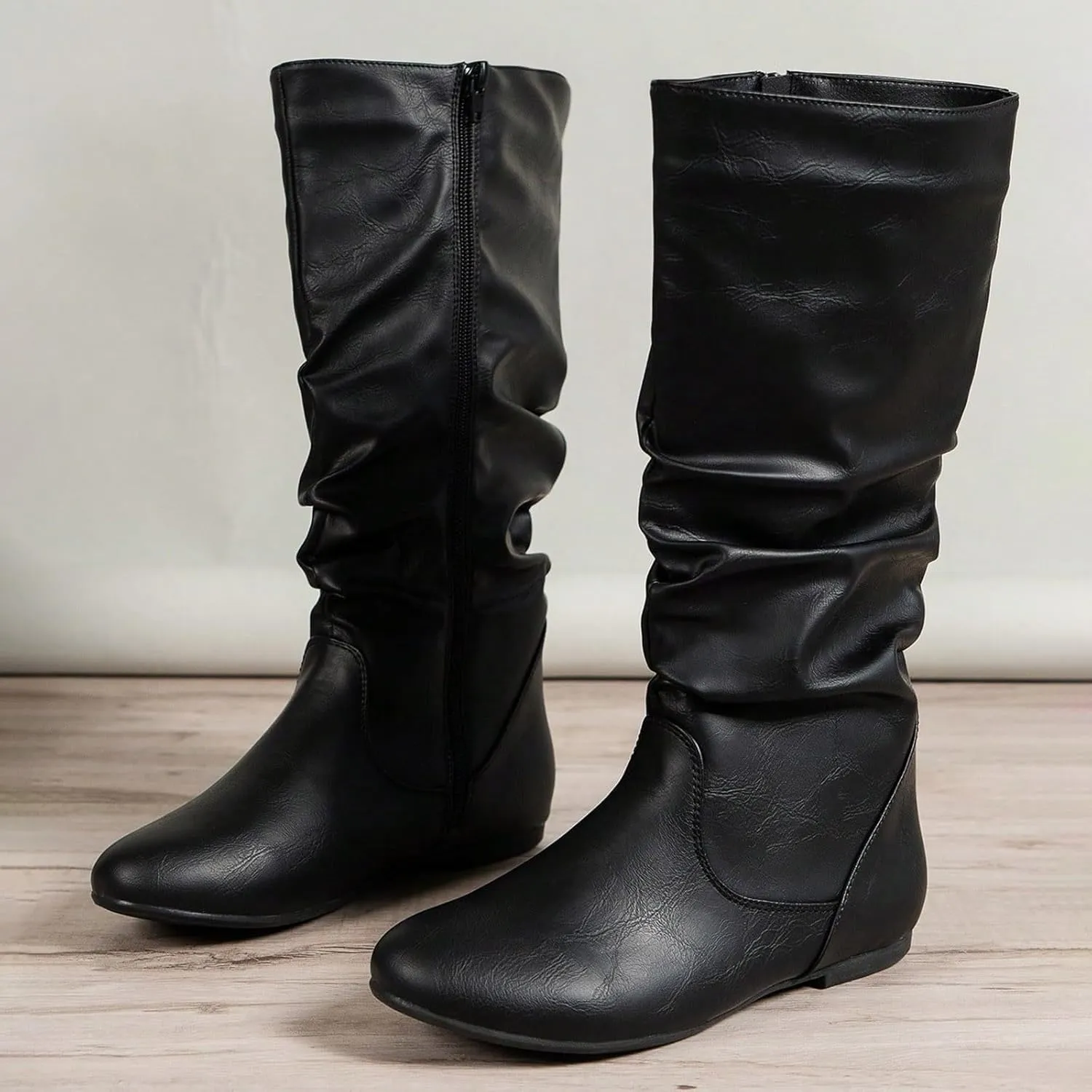 Crzidha Western Cowboy Boots for Women Almond Toe Wide Calf Slip On Tall Boots with Adjustable Buckle Strap Comfy Winter Fall Walking Hidden Wedge Arch Support Hiking Party Boots for women