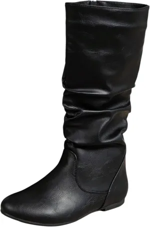 Crzidha Western Cowboy Boots for Women Almond Toe Wide Calf Slip On Tall Boots with Adjustable Buckle Strap Comfy Winter Fall Walking Hidden Wedge Arch Support Hiking Party Boots for women