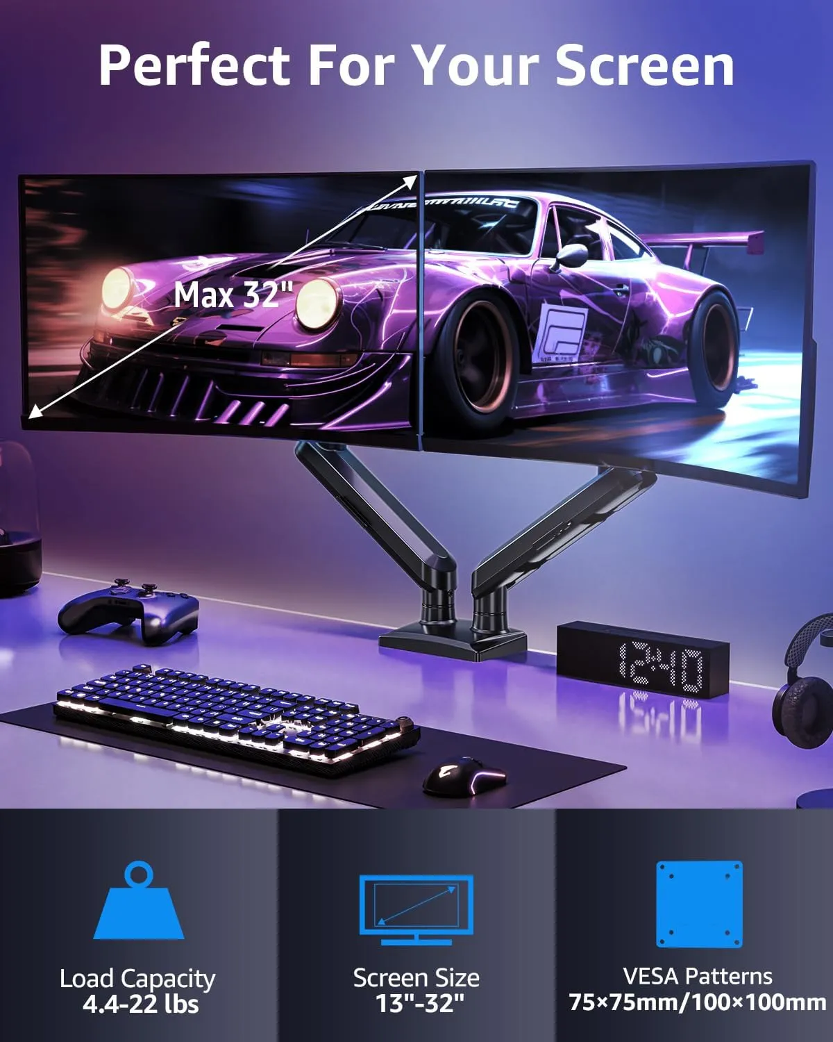 Dual Monitor Mount for 13-32 inch Screens, Gas Spring Monitor Stand for 2 Monitor, Full Adjustable Monitors Desk Mount with C-Clamp＆Grommet Base, Each Arm Holds Max 22 lbs, Freelift Pro Black