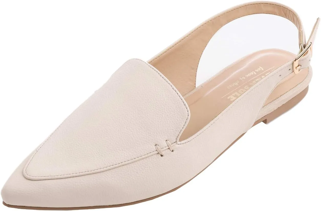 FEVERSOLE Pointed Toe Casual Slingback Flat Mules Women's Fashion Buckle Strap Slide Summer Slippers