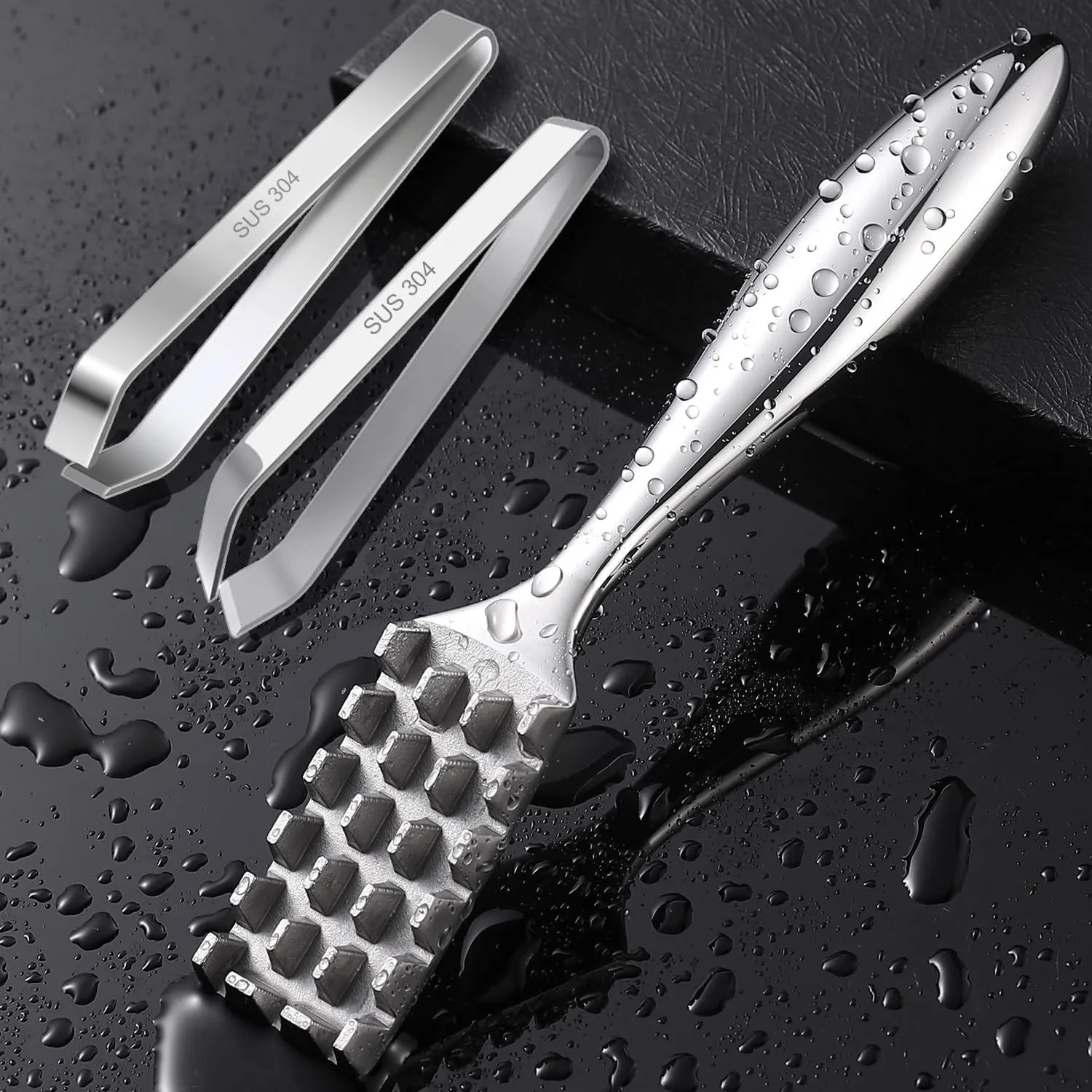 Fish Scaler Set, Premium Fish Descaler Tool, Stainless Steel Fish Scale Remover with Serrated Sawtooth Ergonomic Handle for Kitchen, Seafood Markets (Fish Scaler   2 Pack Fish Bone Tweezers)