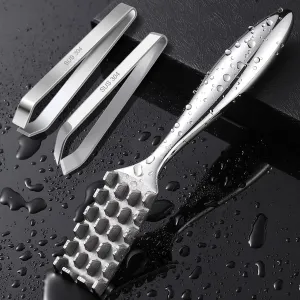 Fish Scaler Set, Premium Fish Descaler Tool, Stainless Steel Fish Scale Remover with Serrated Sawtooth Ergonomic Handle for Kitchen, Seafood Markets (Fish Scaler   2 Pack Fish Bone Tweezers)