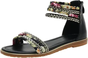 Flats Sandals Printed Braided PU With Zipper Closure Heel Sandal For Women Summer Dressy
