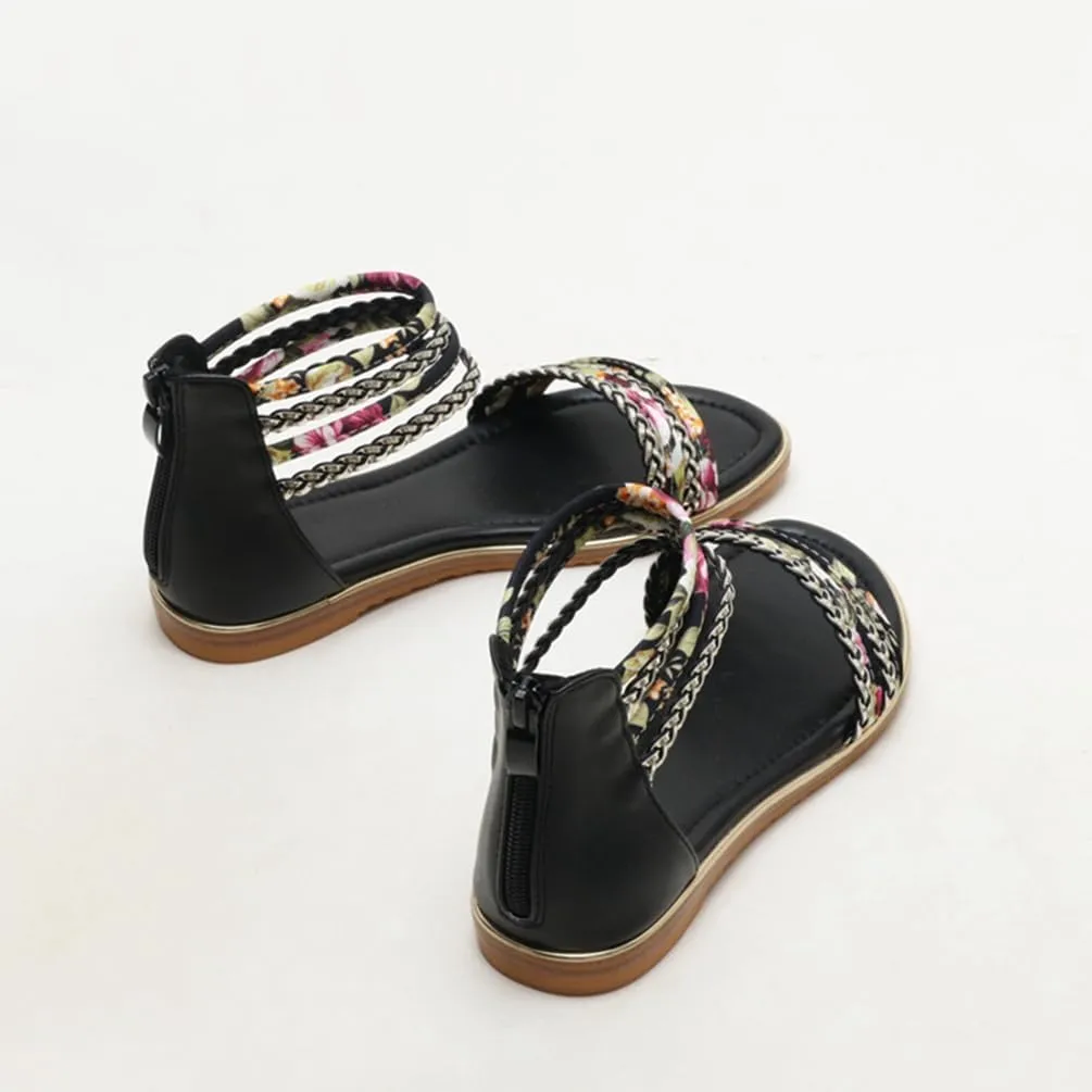 Flats Sandals Printed Braided PU With Zipper Closure Heel Sandal For Women Summer Dressy