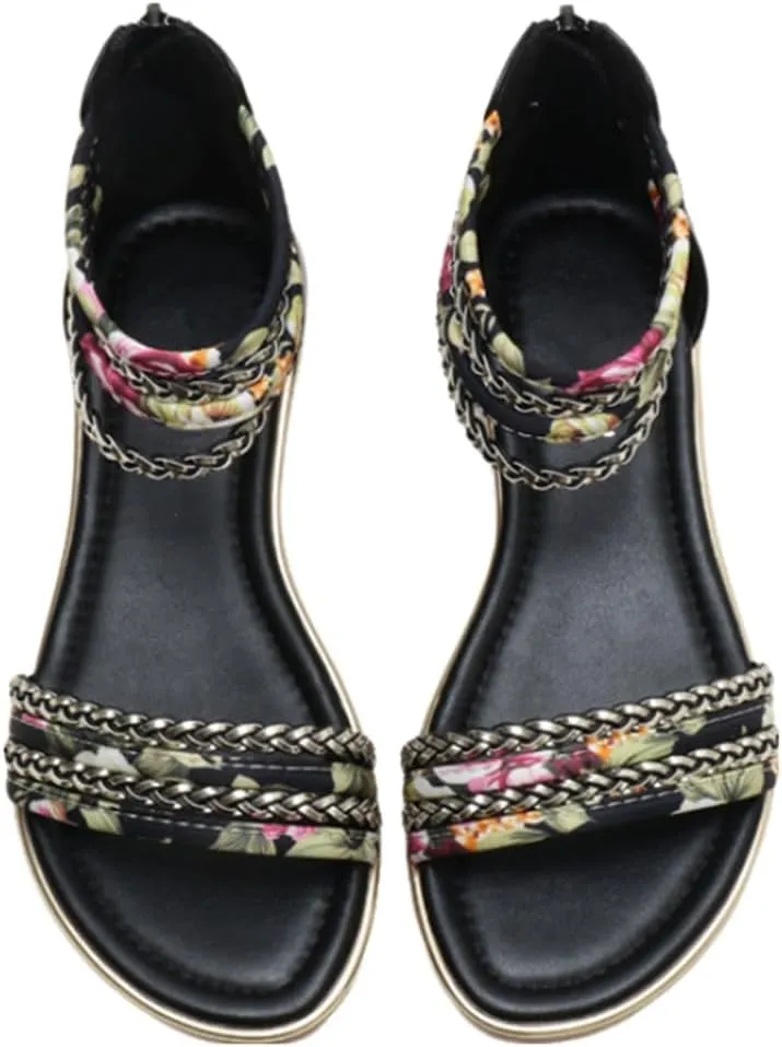 Flats Sandals Printed Braided PU With Zipper Closure Heel Sandal For Women Summer Dressy