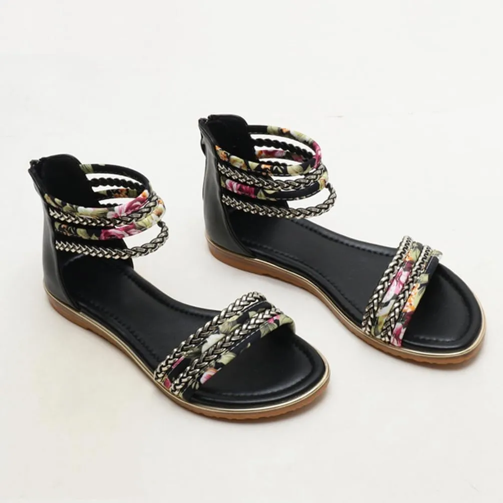 Flats Sandals Printed Braided PU With Zipper Closure Heel Sandal For Women Summer Dressy