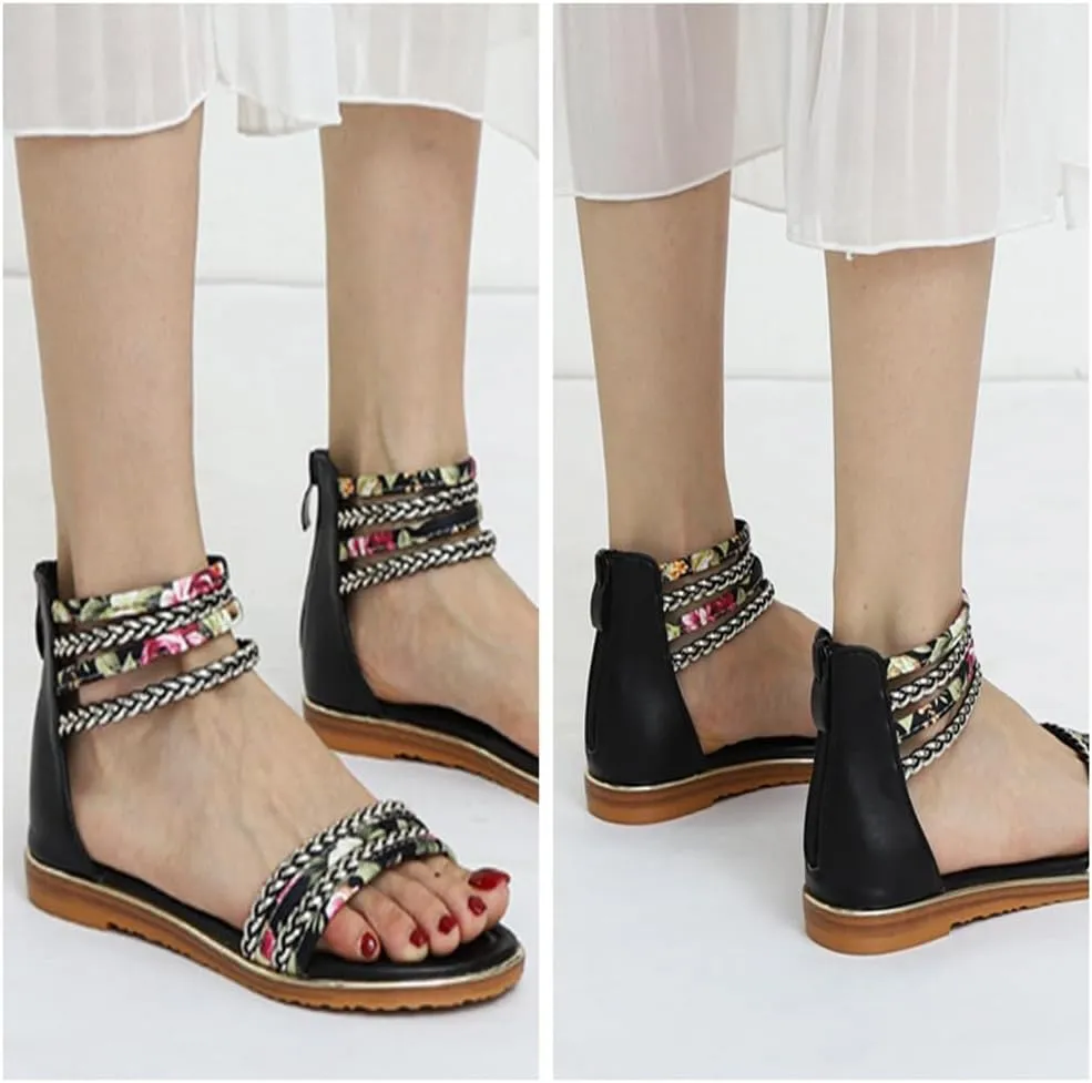 Flats Sandals Printed Braided PU With Zipper Closure Heel Sandal For Women Summer Dressy