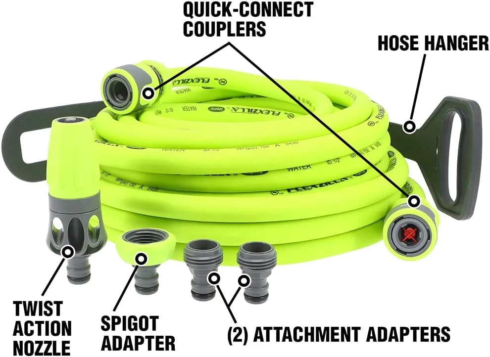 Flexzilla Garden Hose Kit with Quick Connect Attachments, 1/2 in. x 50 ft., Heavy Duty, Lightweight, ZillaGreen - HFZG12050QN