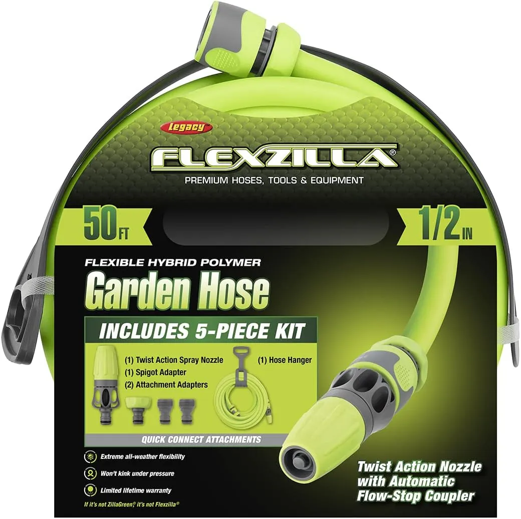 Flexzilla Garden Hose Kit with Quick Connect Attachments, 1/2 in. x 50 ft., Heavy Duty, Lightweight, ZillaGreen - HFZG12050QN