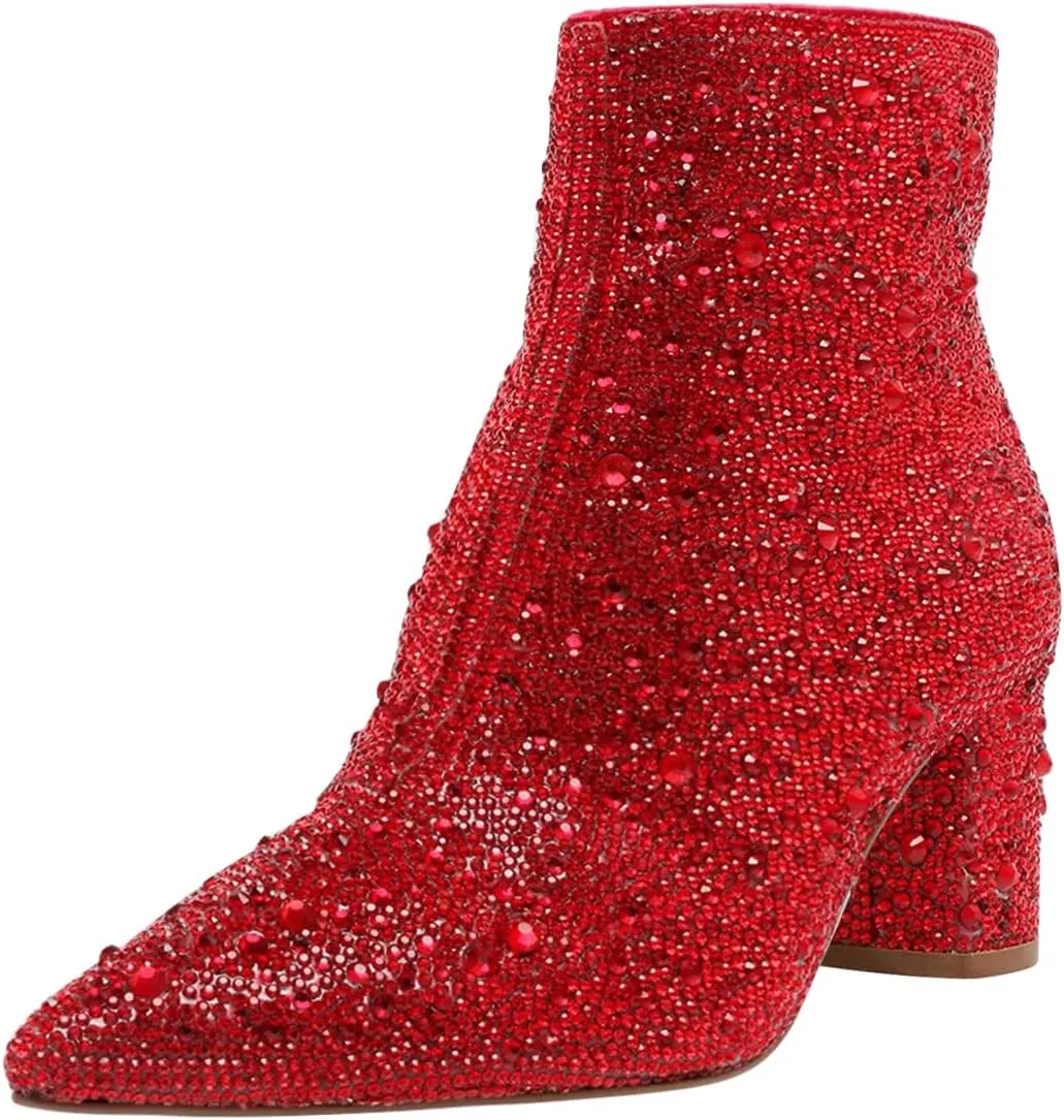 FSJ Women Crystal Ankle Boots Pointed Toe Low Chunky Block Heels Short Booties Side Zipper Comfy Sparkly Formal Dressy Shoes Size 4-15 US