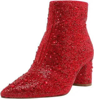 FSJ Women Crystal Ankle Boots Pointed Toe Low Chunky Block Heels Short Booties Side Zipper Comfy Sparkly Formal Dressy Shoes Size 4-15 US