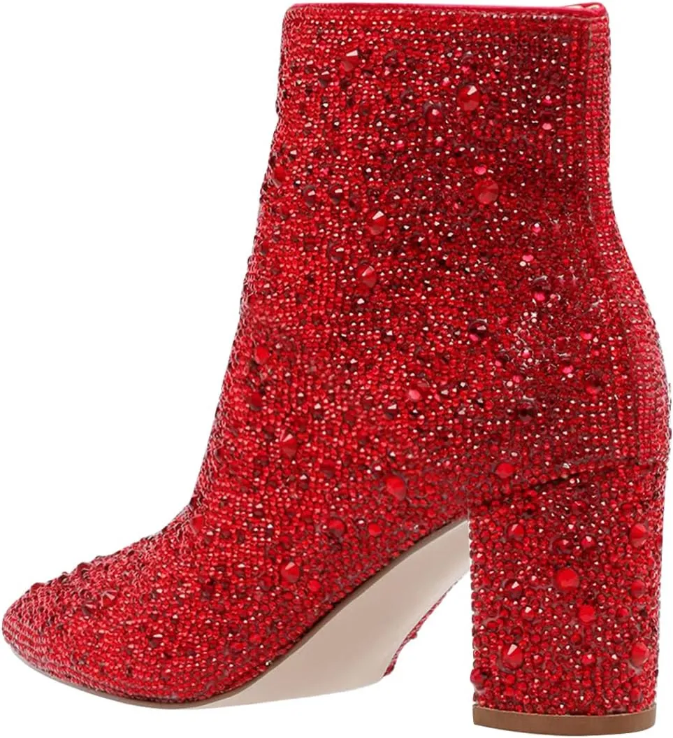 FSJ Women Crystal Ankle Boots Pointed Toe Low Chunky Block Heels Short Booties Side Zipper Comfy Sparkly Formal Dressy Shoes Size 4-15 US
