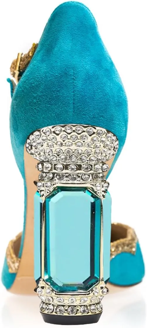 FSJ Women High Crystal Block Heels Pumps Pointed Closed Toe Ankle Strap Double Buckle Strap D'Orsay Sandals Church Evening Wedding Shoes Size 4-16 US