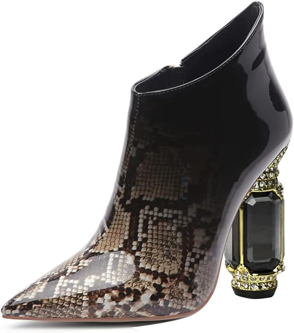 FSJ Women Trendy Ankle Boots Pointed Toe Comfy Chunky High Heel Sparkly Crystal Side Zipper Booties Wedding Party Shoes Size 4-16 US